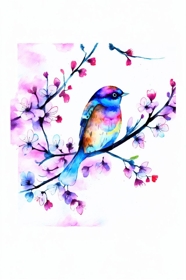 A new watercolour painting of a bird in a serene, springtime setting, painted with a soft, pastel palette