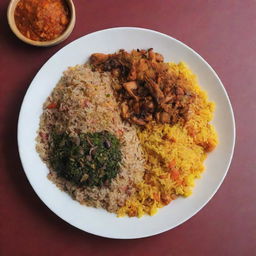 Generate a comparison image between two plates of biryani. One filled with a roasted leg piece, layered with multicolor rice (yellow, orange, red), evoking a spicy feel. The second plate features a leg piece with monotone yellow rice.