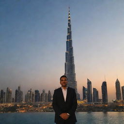 Raja Kashif Ayoub standing in front of the magnificent Burj Khalifa in Dubai. The soaring structure is lit beautifully at dusk, and his name subtly incorporated in the backdrop.