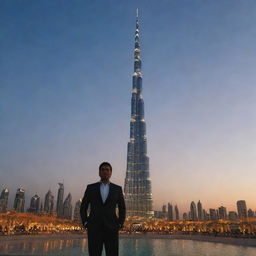 Raja Kashif Ayoub standing in front of the magnificent Burj Khalifa in Dubai. The soaring structure is lit beautifully at dusk, and his name subtly incorporated in the backdrop.