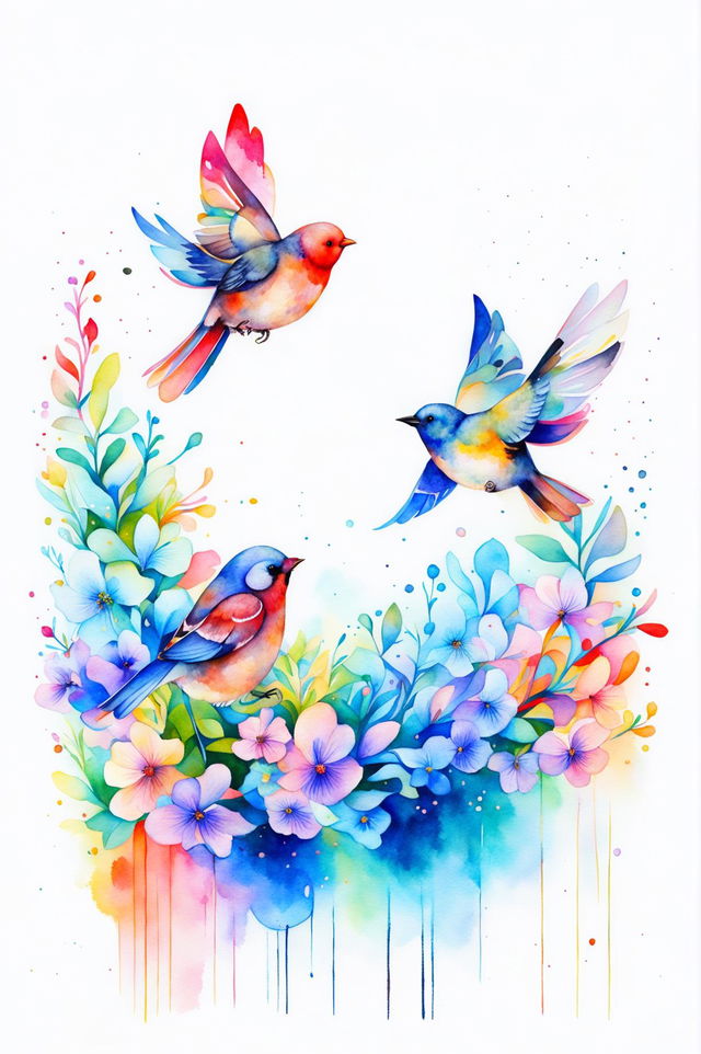 A new watercolour painting of birds in a garden, using a pastel colour palette