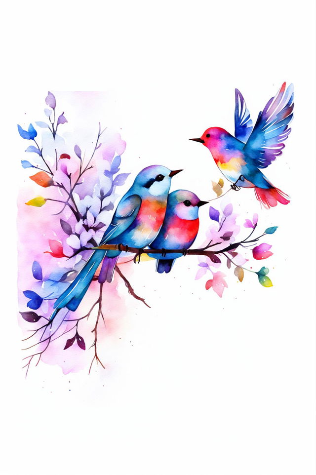 A new watercolour painting of multiple birds in a serene setting, painted with a soft, pastel palette