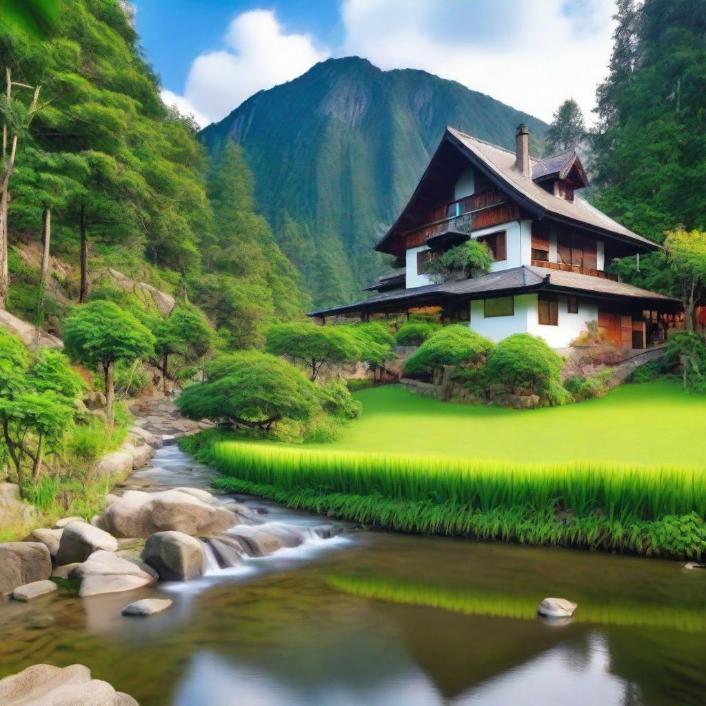 A quaint little house nestled at the foot of a towering mountain