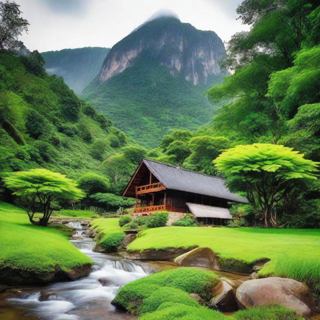 A quaint little house nestled at the foot of a towering mountain