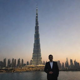 Raja Kashif Ayoub standing in front of the magnificent Burj Khalifa in Dubai. The soaring structure is lit beautifully at dusk, and his name subtly incorporated in the backdrop.