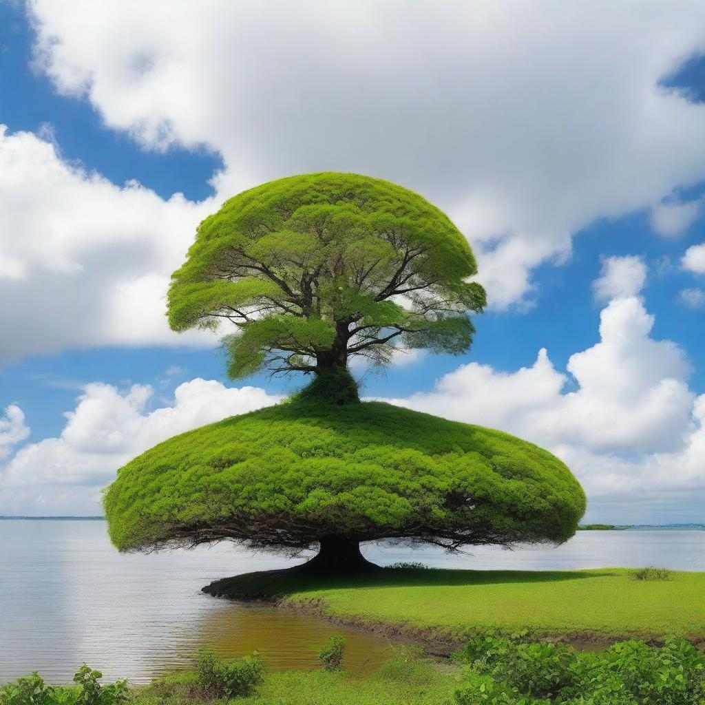 A vast expanse of fluffy clouds with a small island of land in the center