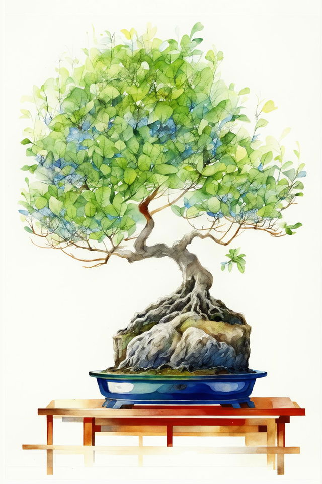 A watercolour print design featuring a bonsai tree, with a background of harmonious colours, and an overall sense of serenity and tranquillity