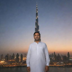 Raja Kashif Ayoub standing in front of the magnificent Burj Khalifa in Dubai. The soaring structure is lit beautifully at dusk, and his name subtly incorporated in the backdrop.