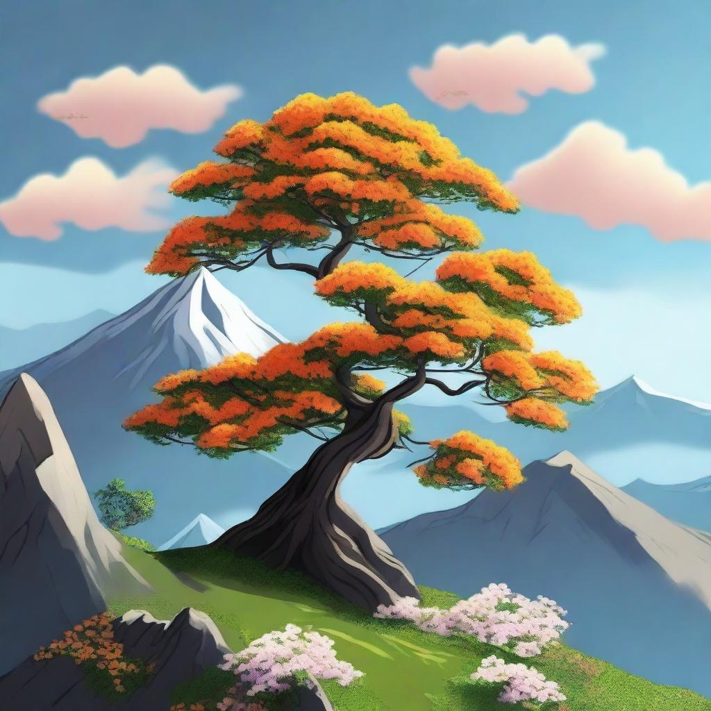 A blooming orange tree standing proudly on the top of a mountain, its vibrant blossoms and lush leaves reaching towards the sky