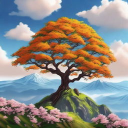 A blooming orange tree standing proudly on the top of a mountain, its vibrant blossoms and lush leaves reaching towards the sky