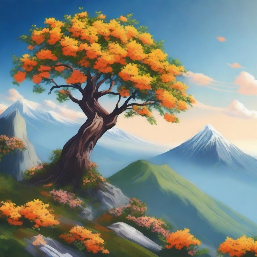 A blooming orange tree standing proudly on the top of a mountain, its vibrant blossoms and lush leaves reaching towards the sky