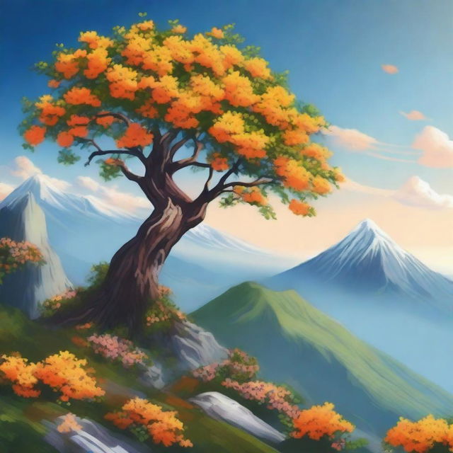A blooming orange tree standing proudly on the top of a mountain, its vibrant blossoms and lush leaves reaching towards the sky