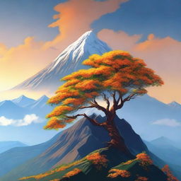 A blooming orange tree standing proudly on the top of a mountain, its vibrant blossoms and lush leaves reaching towards the sky