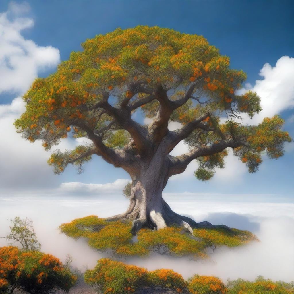 An ancient orange tree floating majestically above the clouds