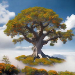 An ancient orange tree floating majestically above the clouds