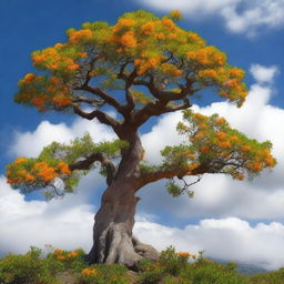 An ancient orange tree floating majestically above the clouds