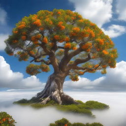 An ancient orange tree floating majestically above the clouds