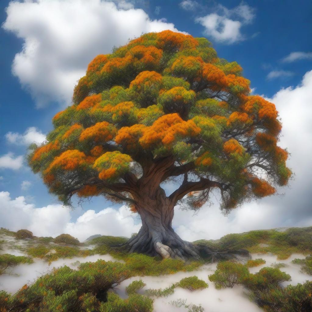 An ancient orange tree floating majestically above the clouds