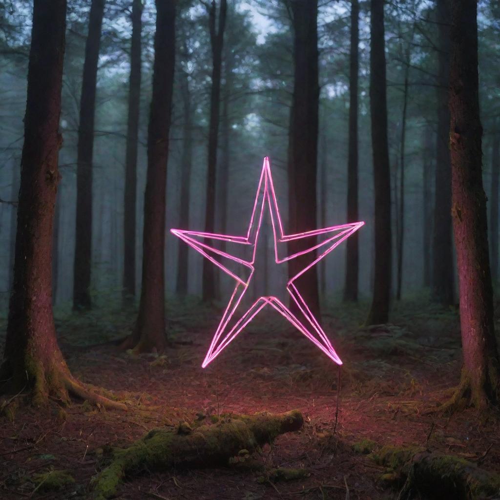 A neon star-shaped object in the center of a dense, mysterious forest illuminated by ethereal light.