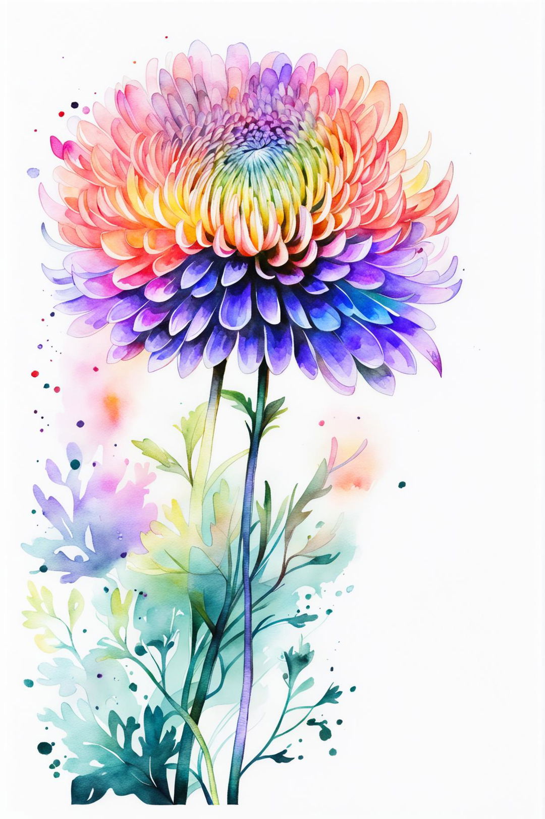 A watercolour print design featuring a chrysanthemum, with delicate brush strokes, soft colour transitions, and an overall sense of beauty and tranquility