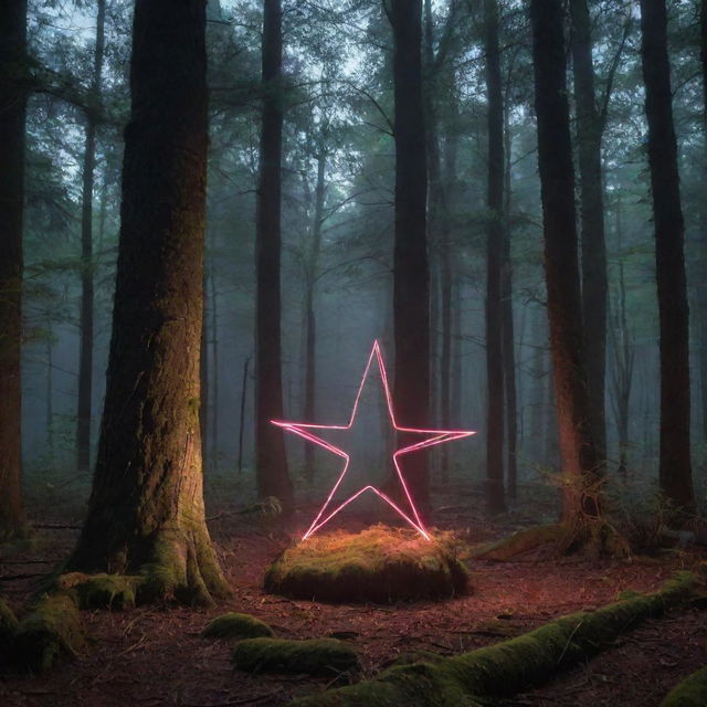 A neon star-shaped object in the center of a dense, mysterious forest illuminated by ethereal light.