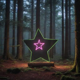 A neon star-shaped object in the center of a dense, mysterious forest illuminated by ethereal light.