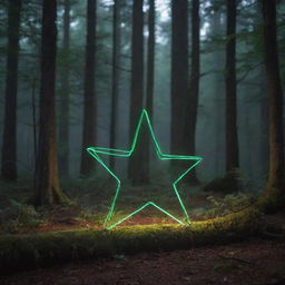 A neon star-shaped object in the center of a dense, mysterious forest illuminated by ethereal light.