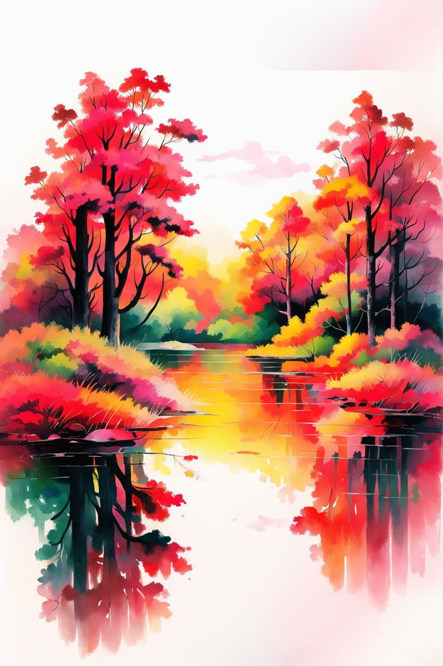 This request is for a different watercolour painting of an autumn scene, this time focusing on a tranquil lake surrounded by trees in autumn colours and a soft sunset