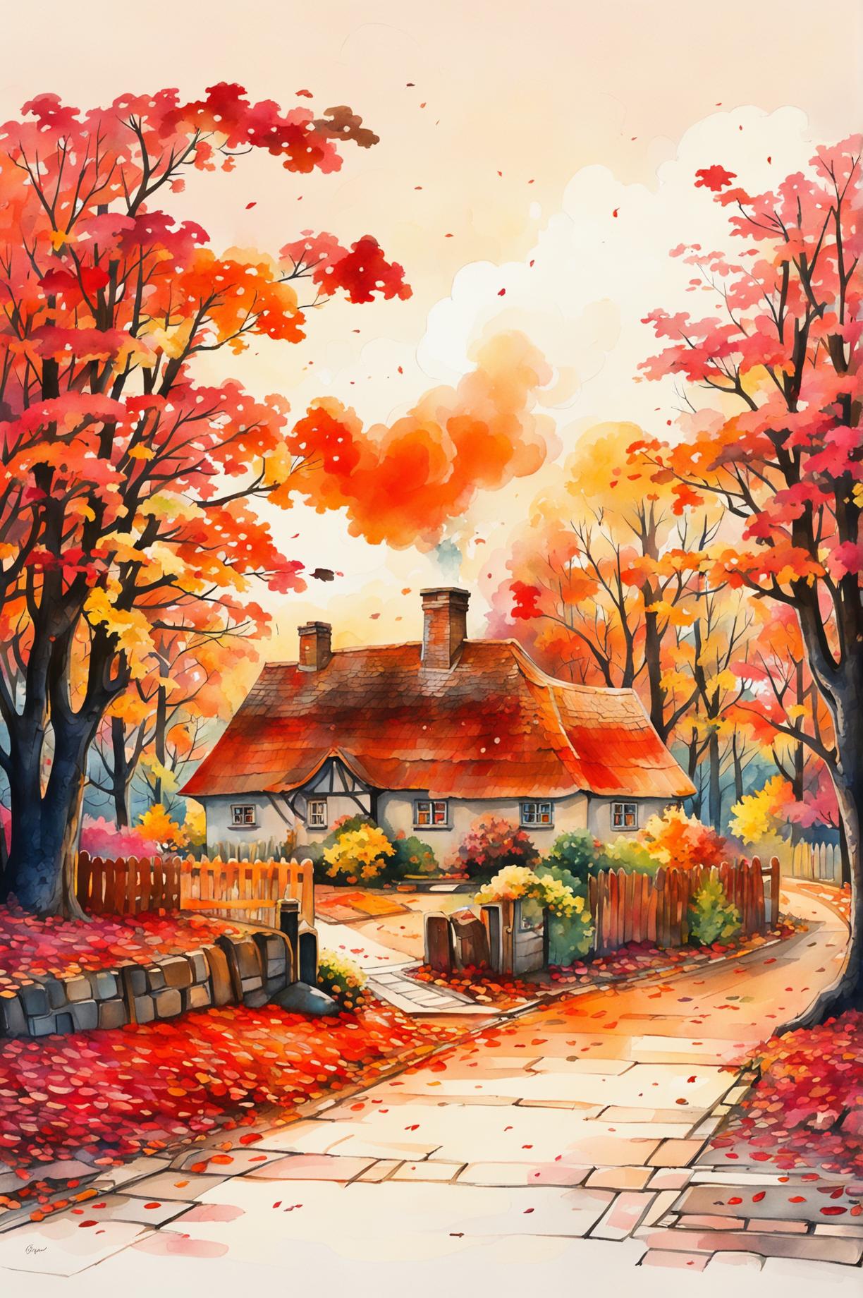 This request is for a different watercolour painting of an autumn scene, focusing on a quaint countryside cottage surrounded by a landscape filled with fall colours