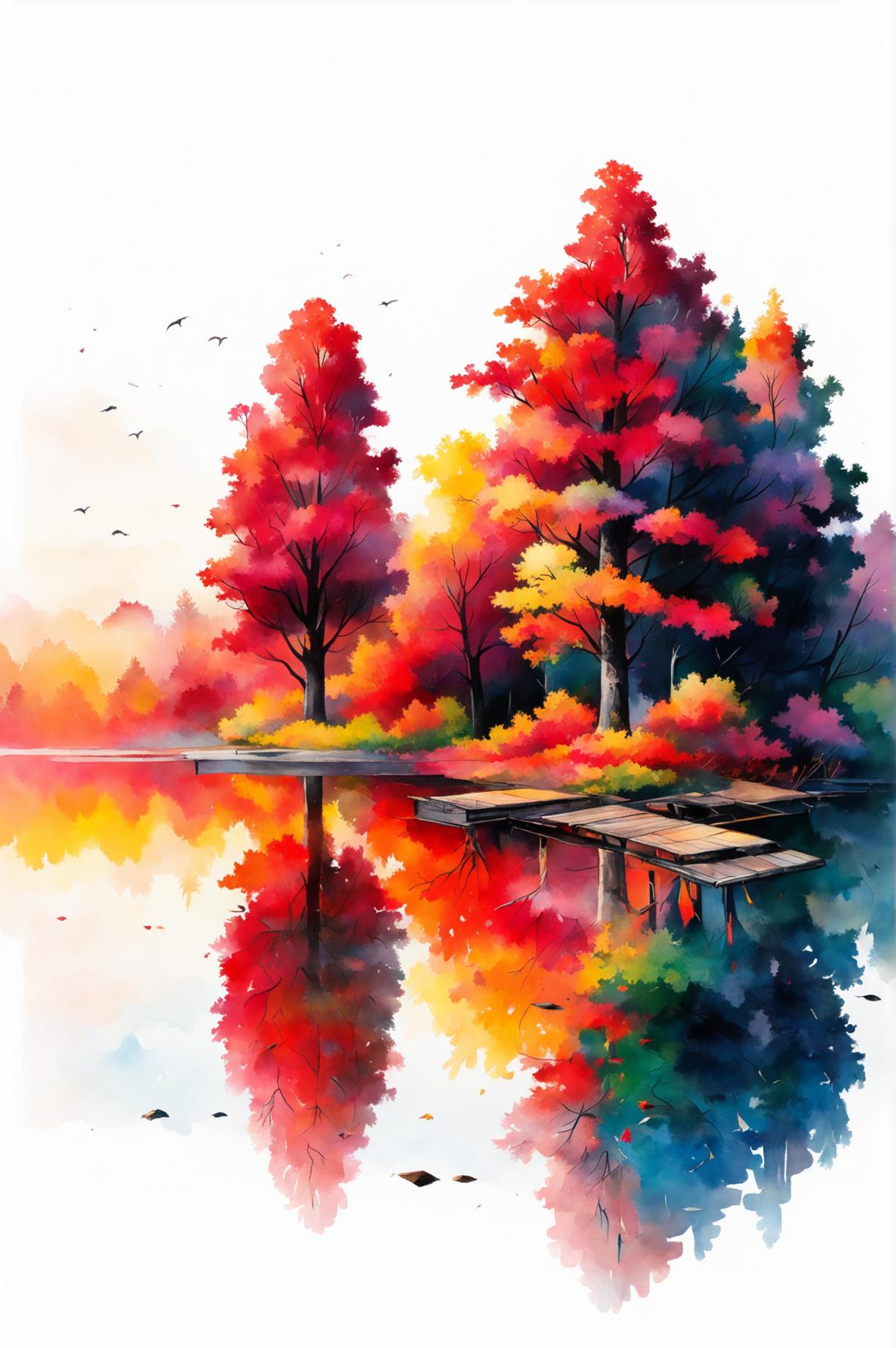 This request is for a different watercolour painting of an autumn scene, focusing on a serene lake surrounded by trees in full autumn splendor