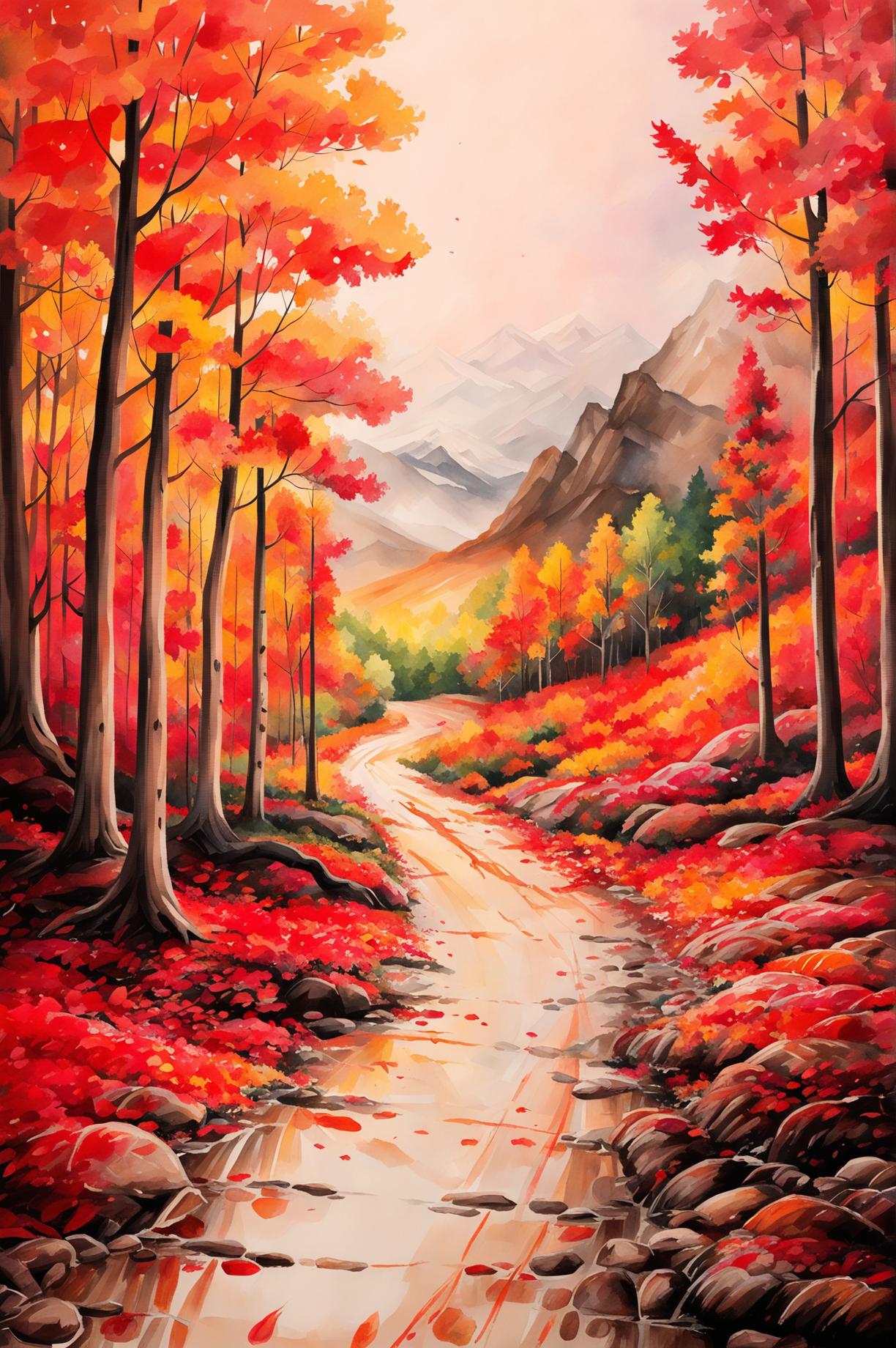 This request is for a different watercolour painting of an autumn scene, focusing on a winding trail through a dense forest leading to a mountain range