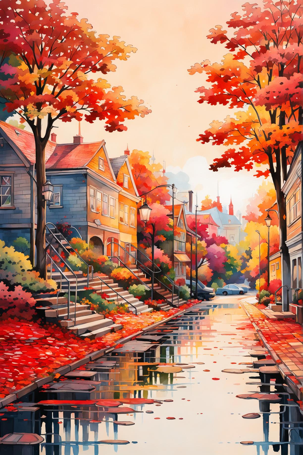 This request is for a different watercolour painting of an autumn scene, focusing on a small, tranquil town during the fall season