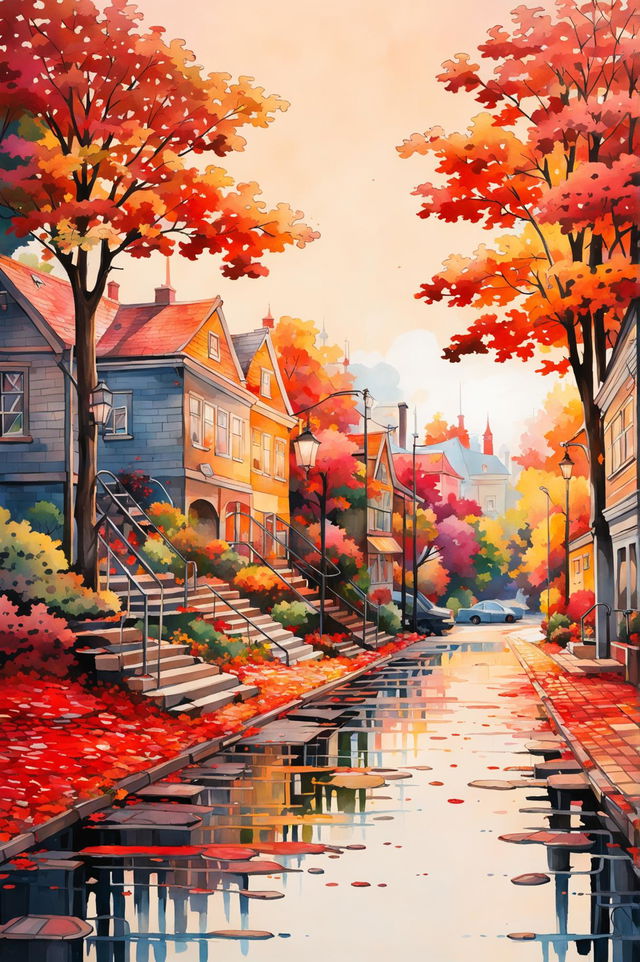 This request is for a different watercolour painting of an autumn scene, focusing on a small, tranquil town during the fall season