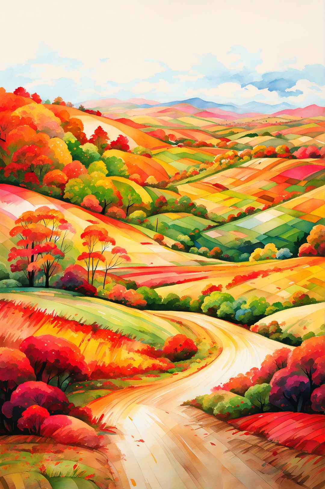 This request is for a different watercolour painting of an autumn scene, focusing on a peaceful countryside landscape with rolling hills and a winding road