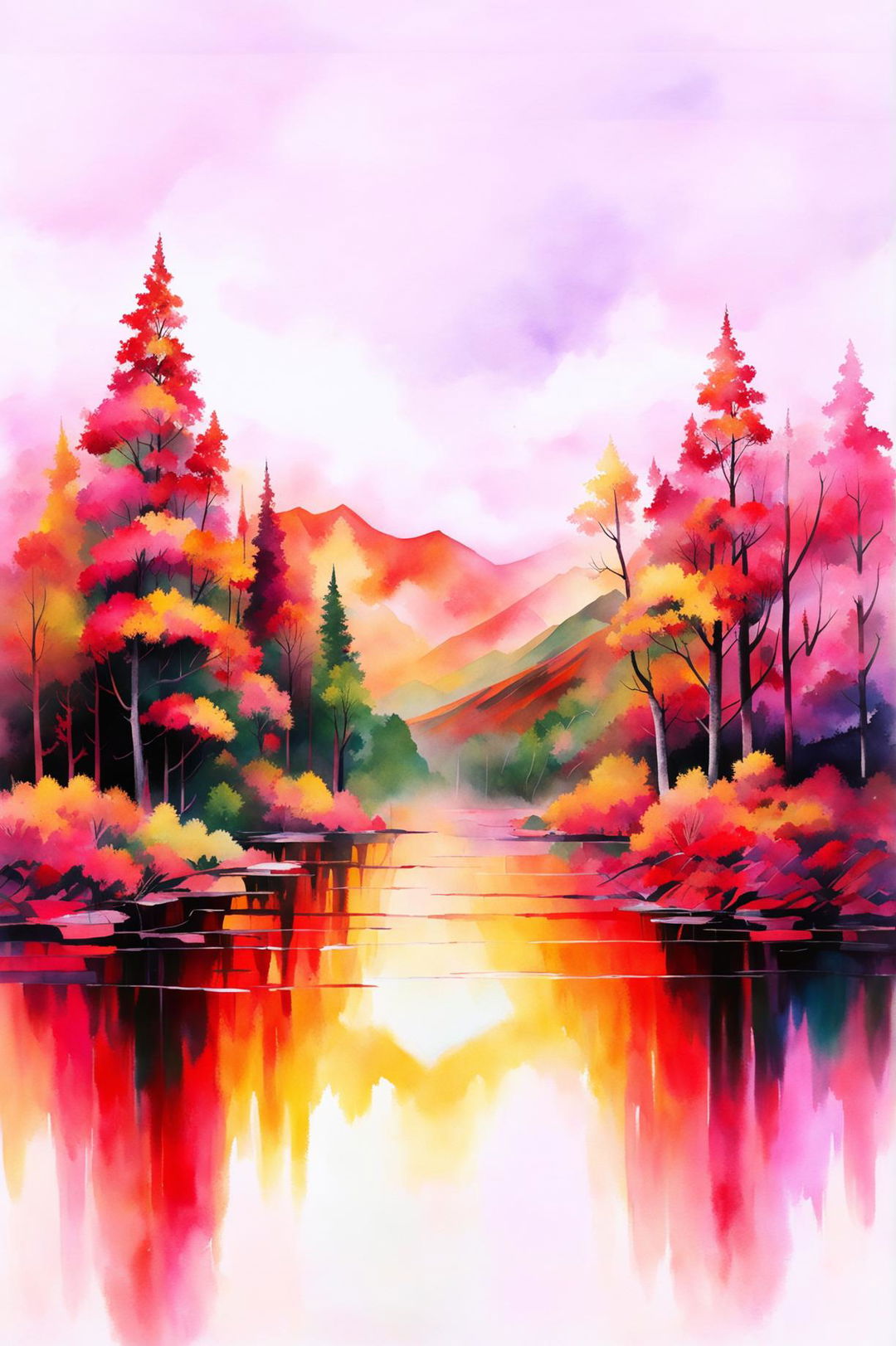 This request is for a different watercolour painting of an autumn scene, focusing on a serene lake surrounded by fall trees and a twilight mountain range