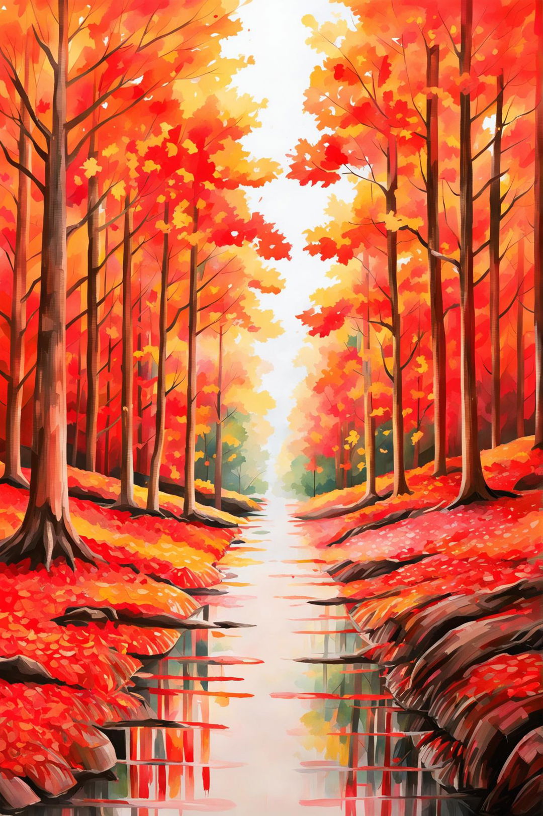 This request is for a different watercolour painting of an autumn scene, focusing on a forest path covered in fallen leaves and bathed in warm sunlight