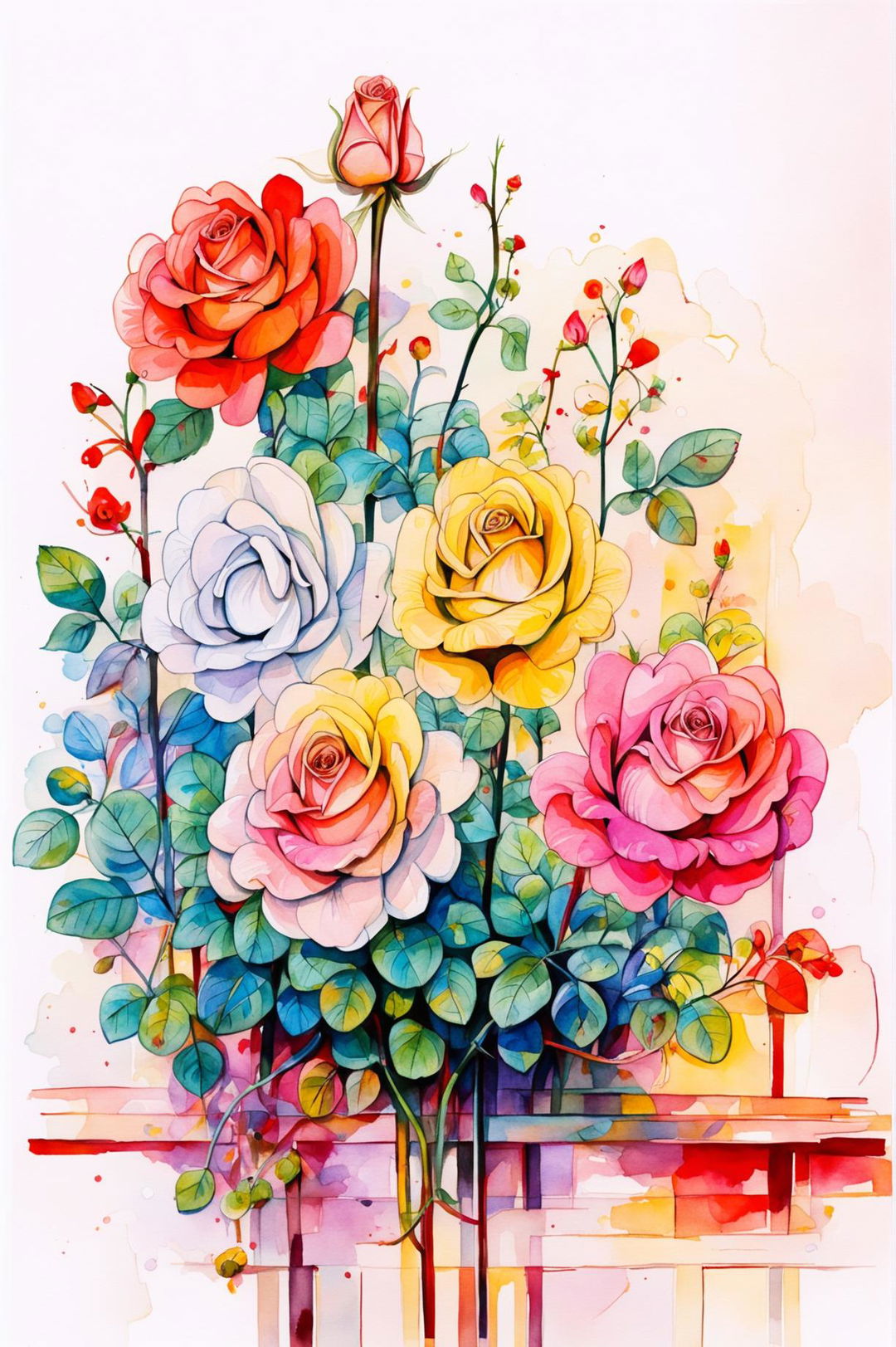 A different watercolour painting of roses at various stages of bloom, set against a warm, earthy background.