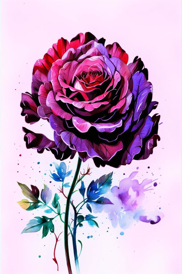 A watercolour painting of a single, red rose set against a cool, contrasting background.