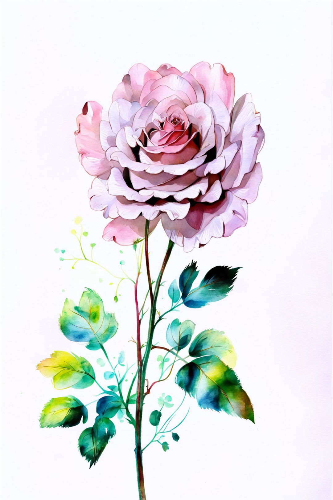 A different watercolour painting of a single, pastel pink rose set against a serene garden-like background.