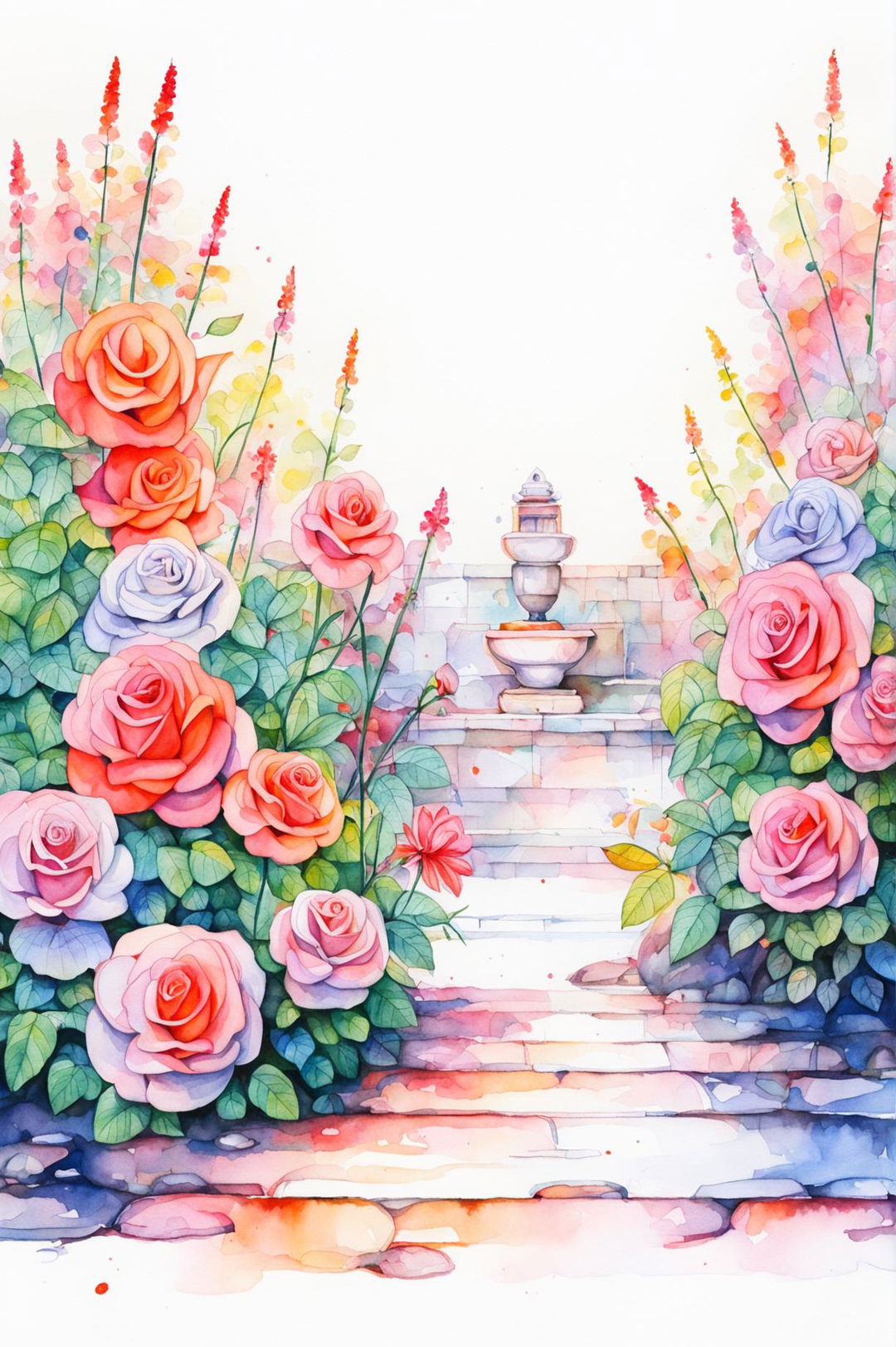 A unique watercolour painting of a rose garden filled with roses in hues of peach, coral, and blush, and featuring elements of a lush garden