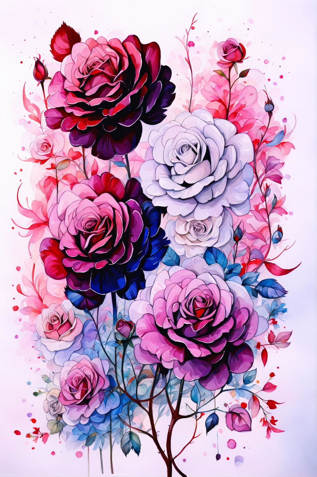 A unique watercolour painting of a collection of roses in various colours and stages of bloom, set against a backdrop of muted tones