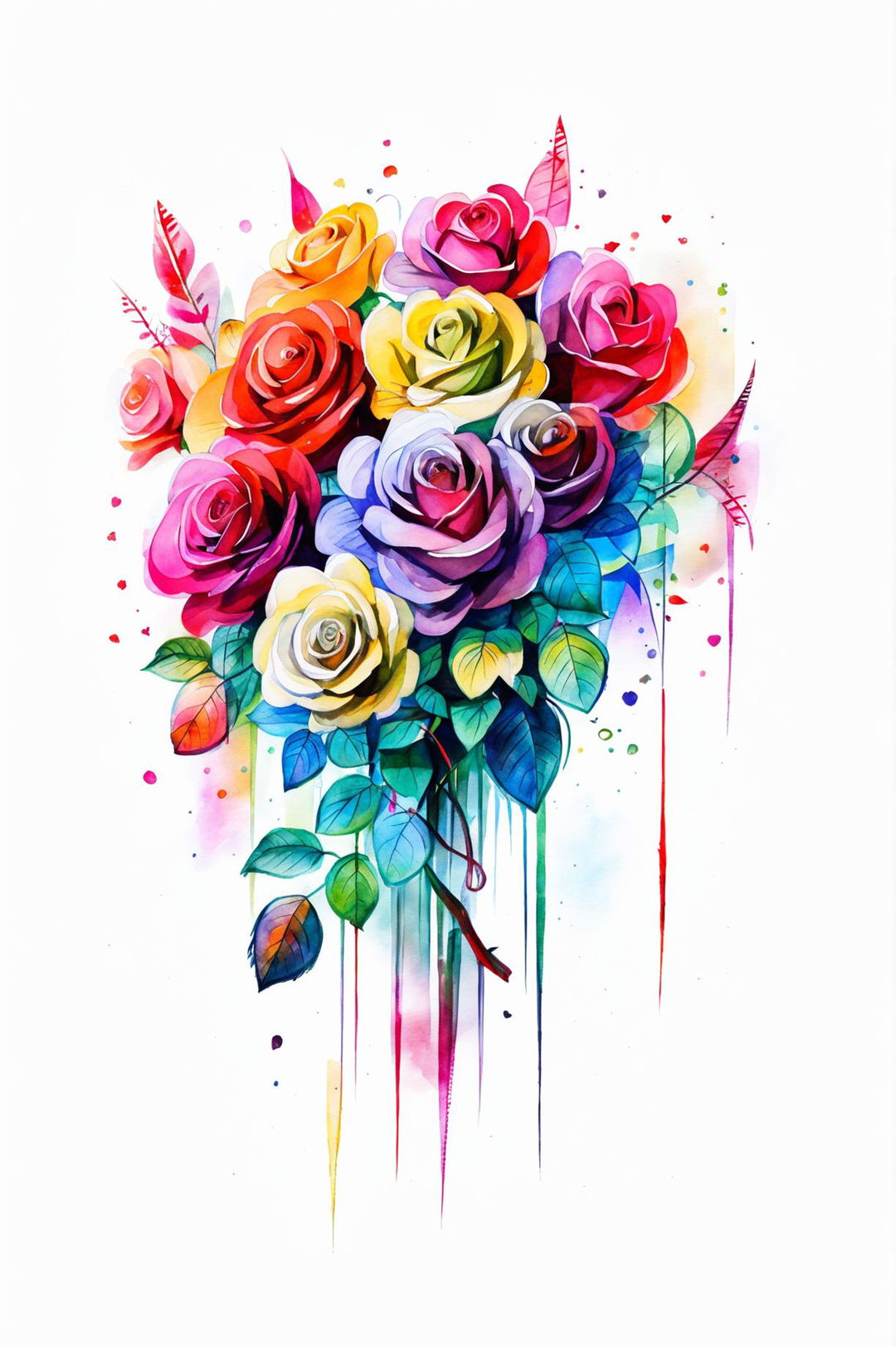 A watercolour painting of a colourful bouquet of roses wrapped in clear cellophane, set against a soft, neutral background.