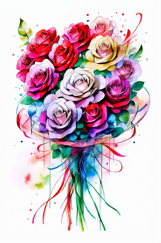 A watercolour painting of a vibrant bouquet of roses wrapped in cellophane, set against a neutral background.