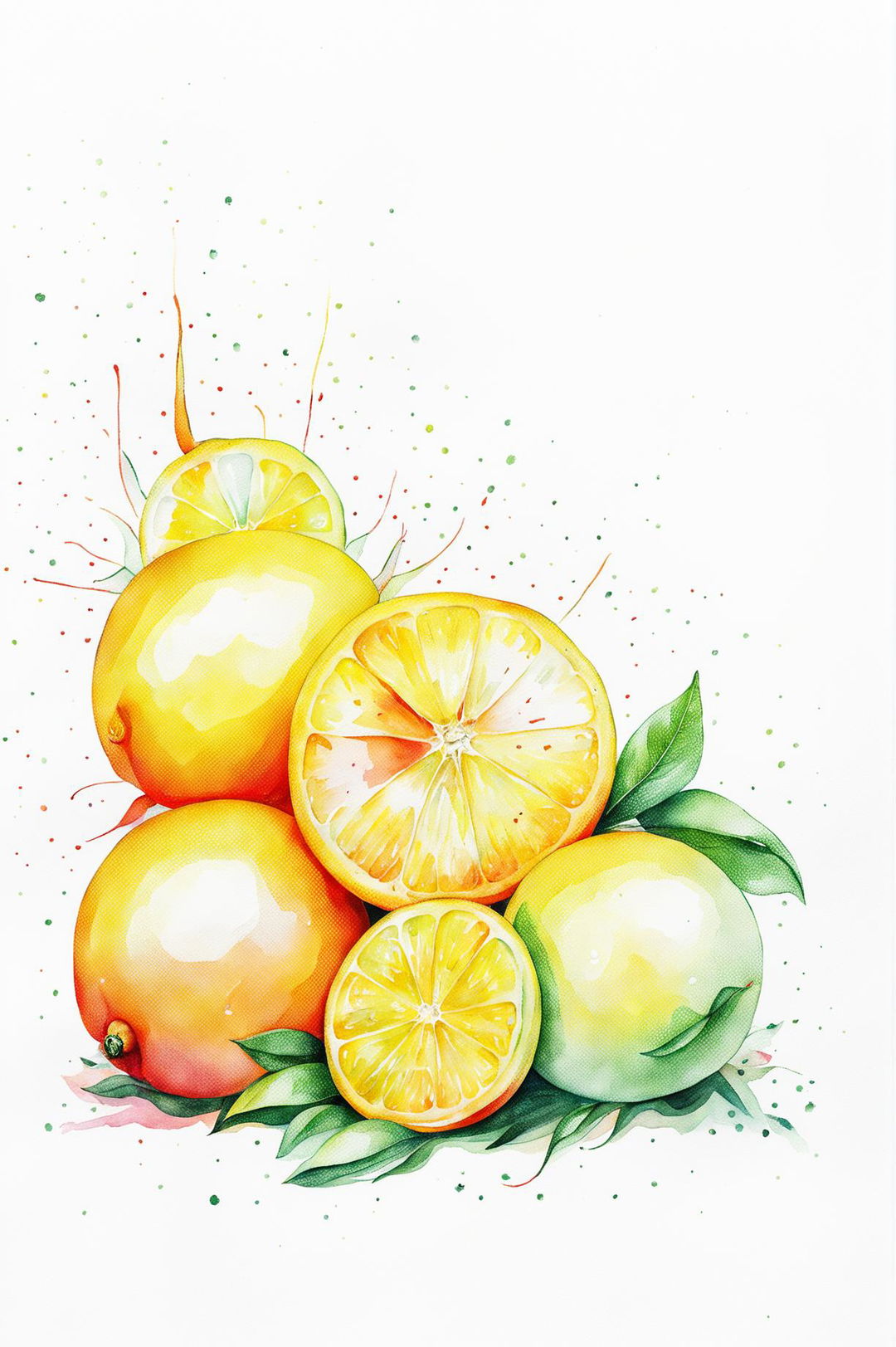 A watercolour painting of ripe and fresh oranges and lemons, with a soft and fluid look