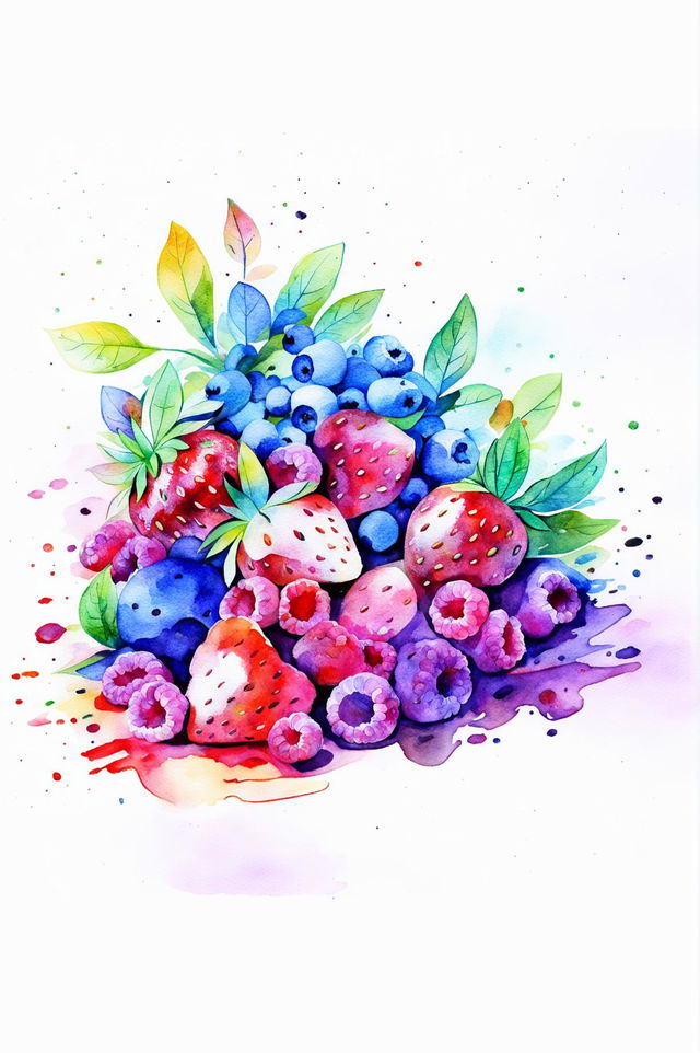 A watercolour painting of a variety of ripe and juicy berries, including strawberries, blueberries, raspberries, and blackberries, with a soft and dreamy look