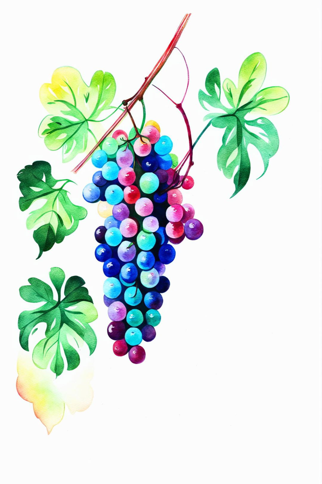 A watercolour painting of plump and ripe grapes on a strong and leafy vine, with a soft and fluid look