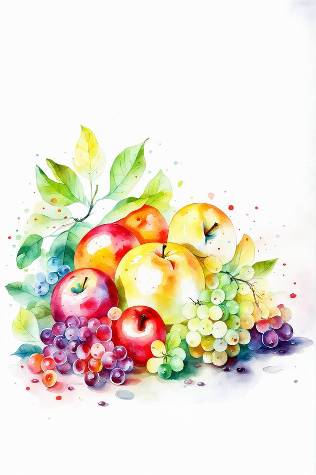 A watercolour painting of an arrangement of various ripe and appealing fruits, including a red apple, ripe bananas, juicy oranges, and a bunch of grapes, with a soft and dreamy look