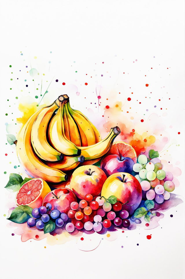 A watercolour painting featuring a variety of ripe and appealing fruits, including ripe bananas, juicy oranges, a red apple, a bunch of grapes, and a pineapple, with a soft and dreamy look