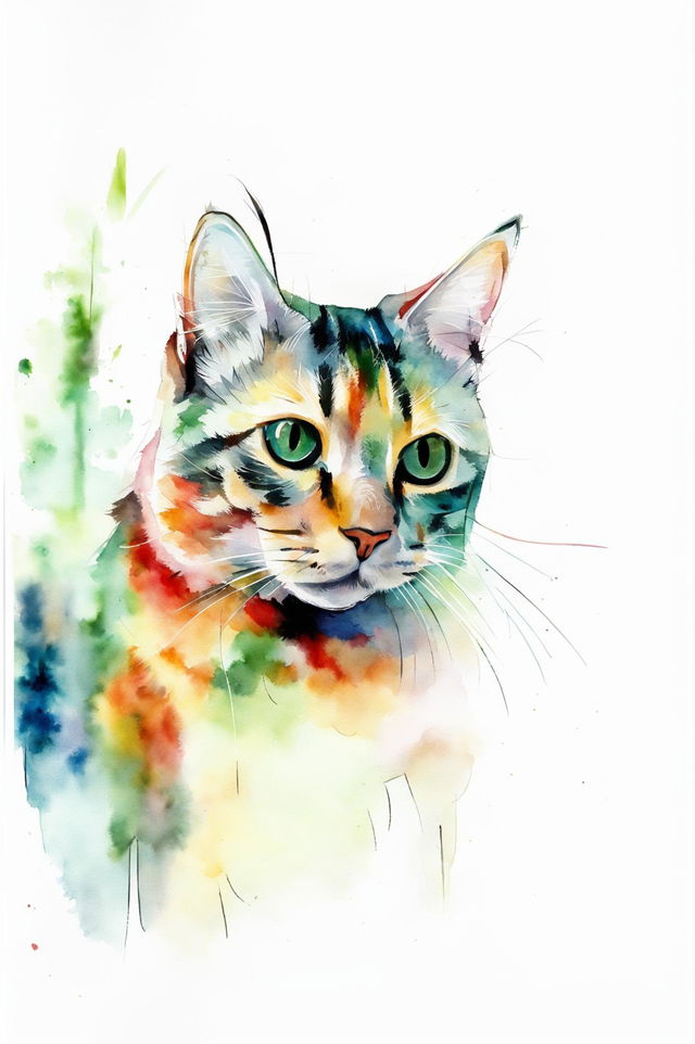 A watercolour painting of a cat with a minimalist background