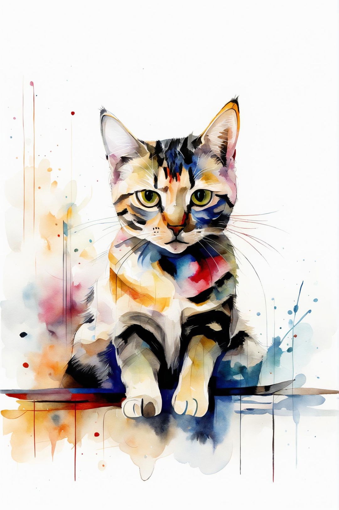 A watercolour painting of a different type of cat with a minimalistic, abstract background